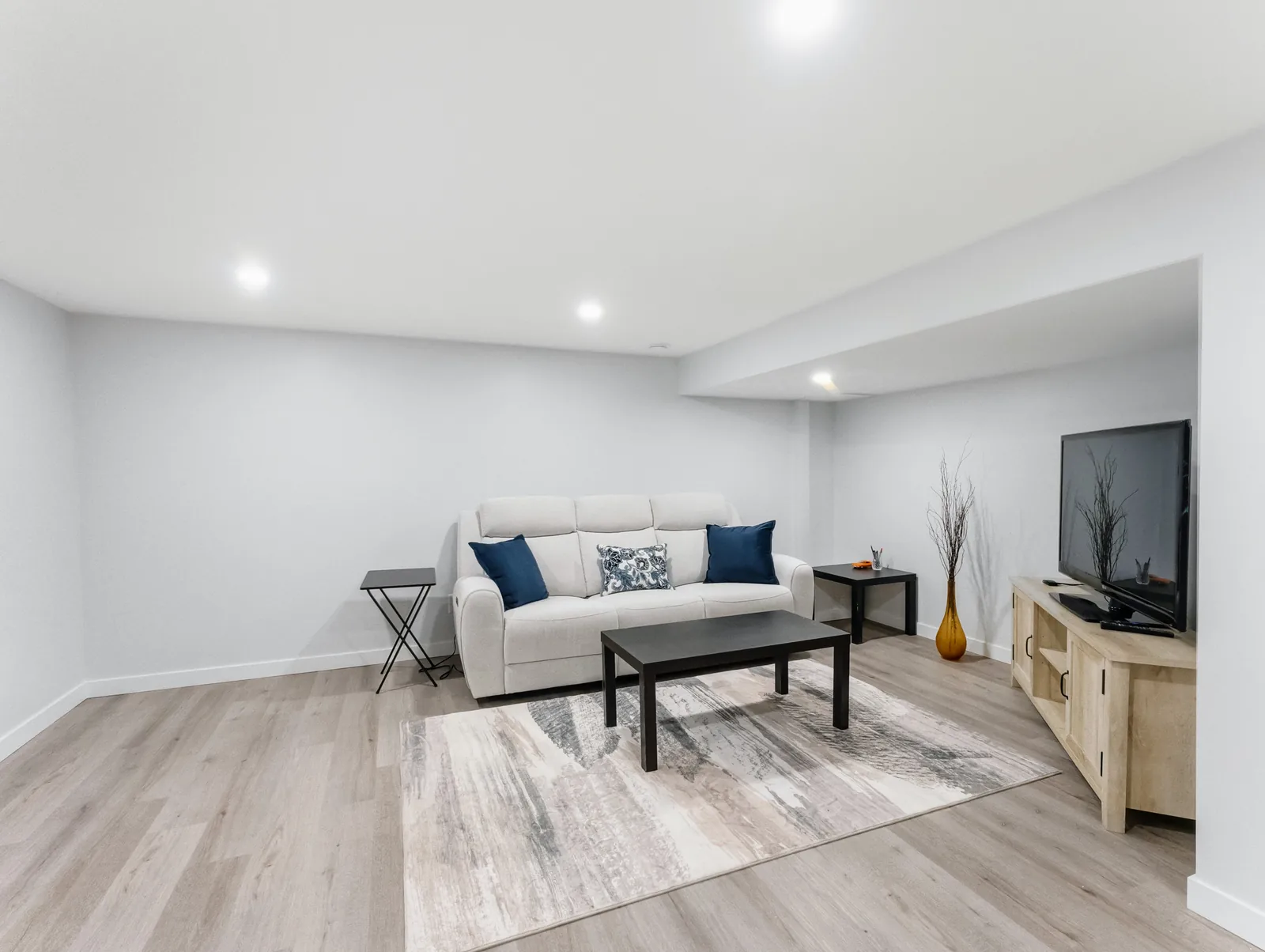 Finished basement living area — pale sofa, rug and a TV console under a flat white ceiling