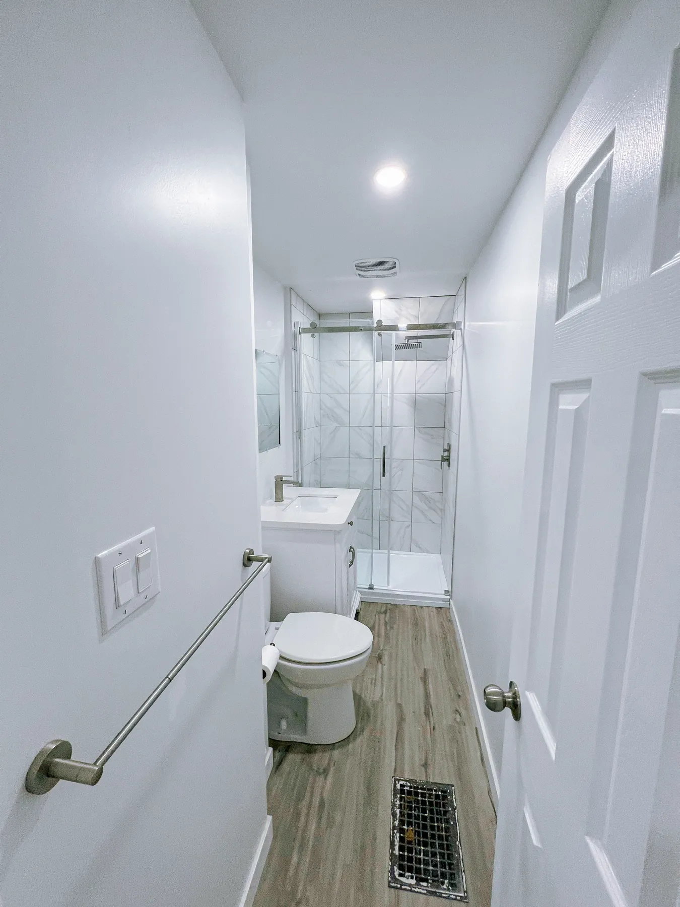 The room along its length, vanity and shower in one view