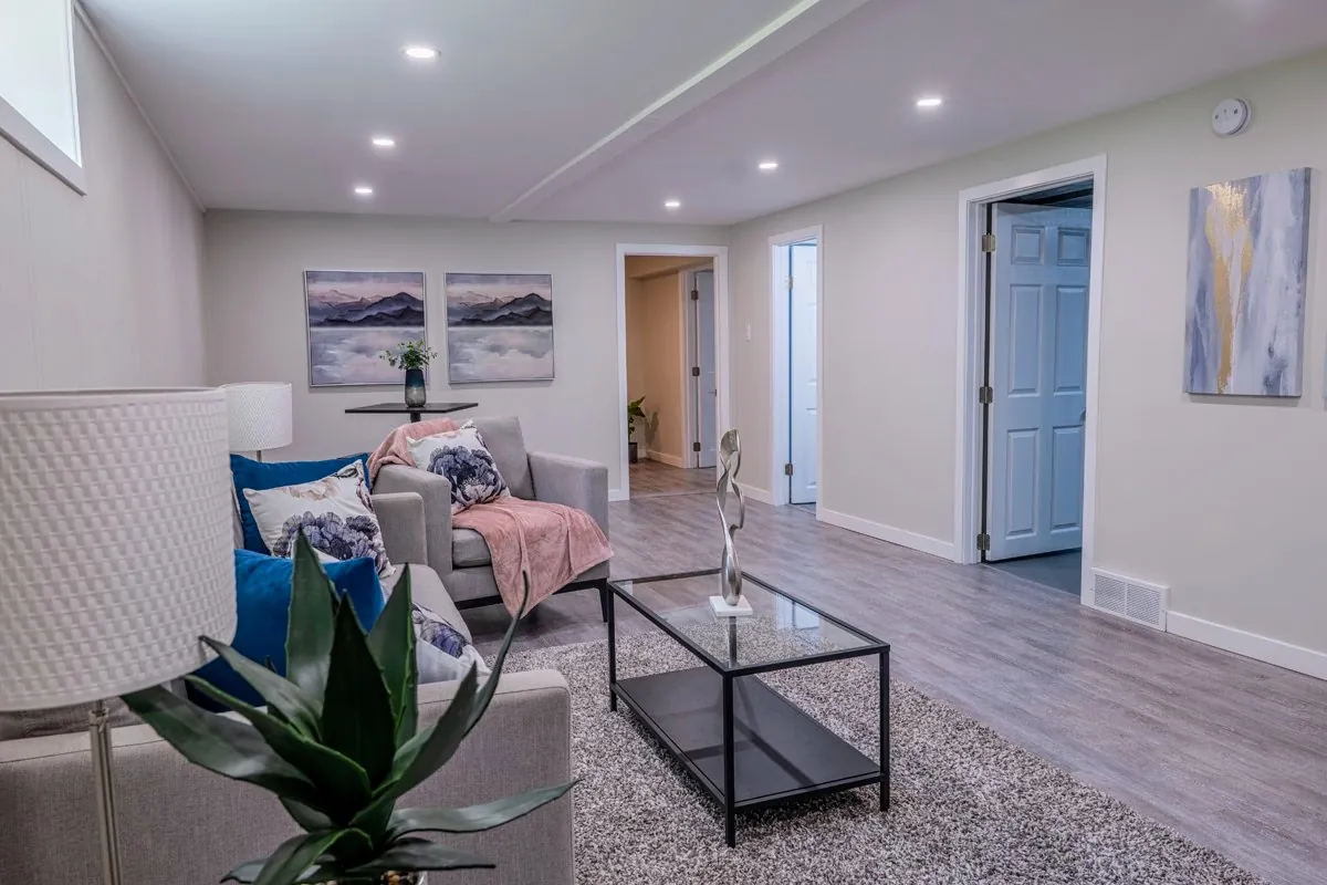 Finished lower level, staged as a sitting room