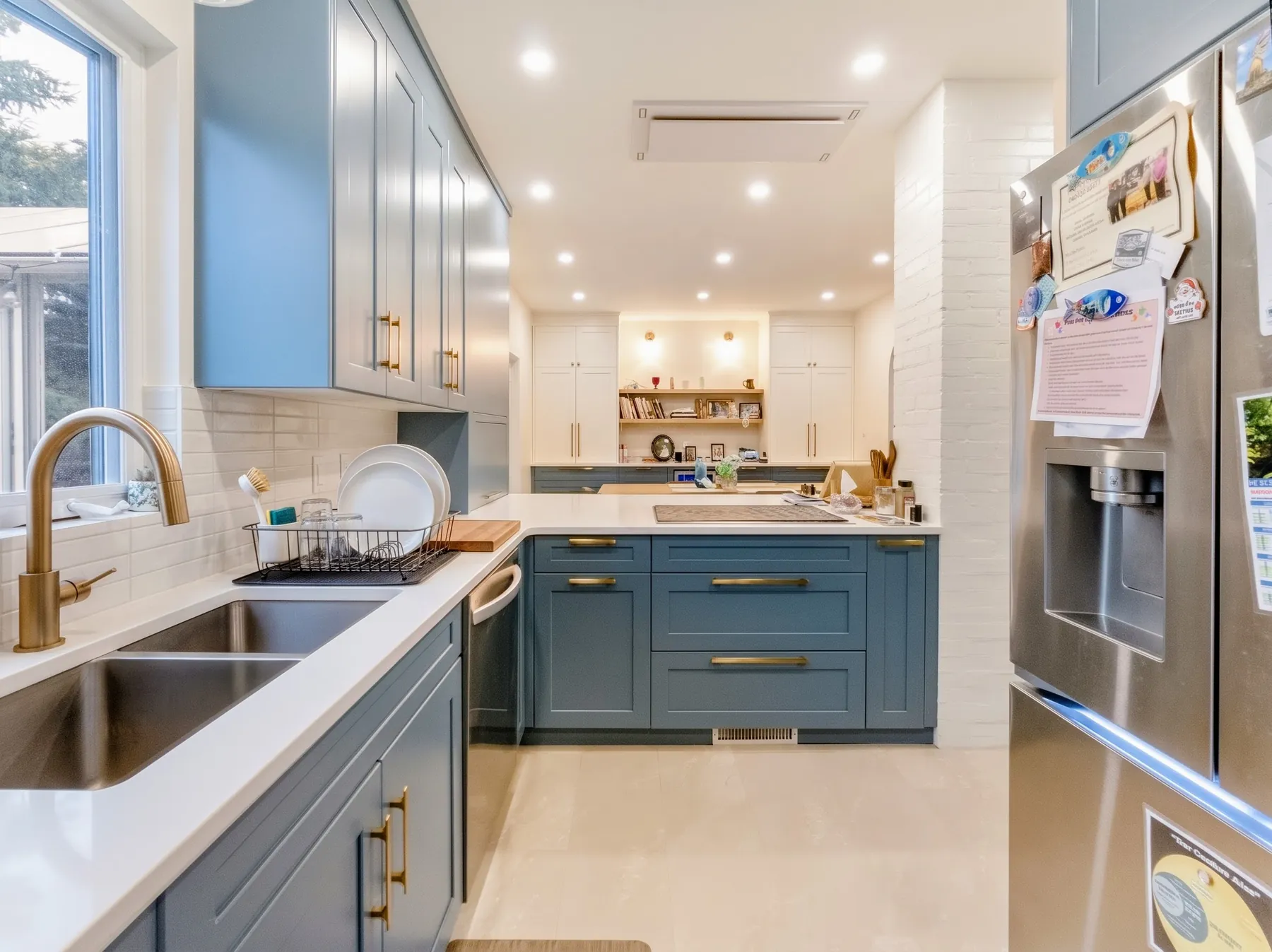 The quartz peninsula and its three wood-topped stools, the blue kitchen beyond