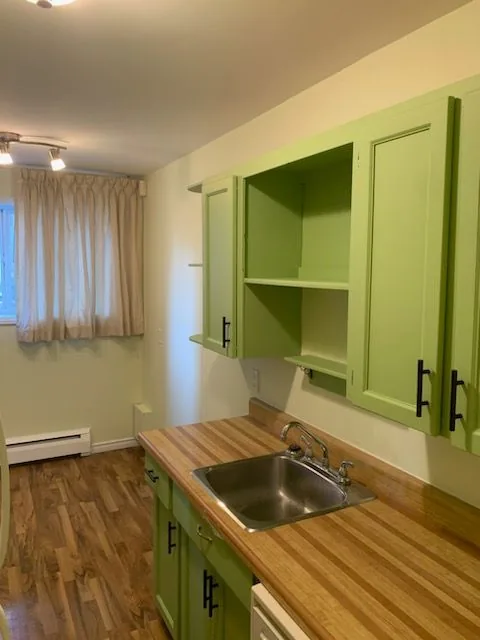 The sink run under the window, open green uppers above the butcher block