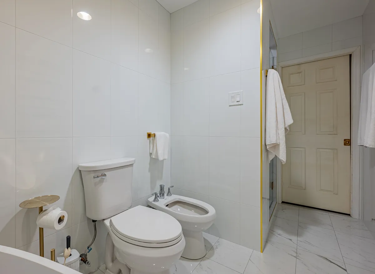 Second bathroom, toilet and bidet beside the glass shower