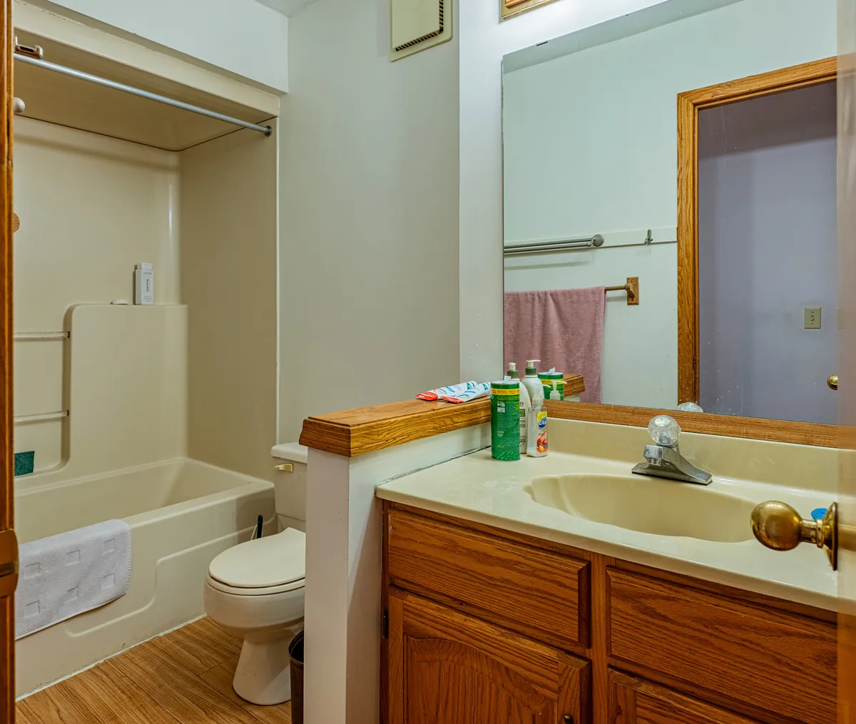 Before: the main bathroom, a tub-shower and an oak vanity