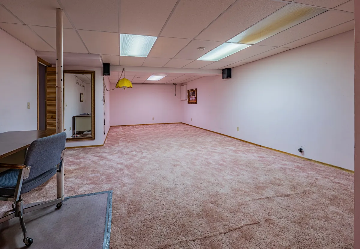 Before: the open basement, carpet and fluorescent lights